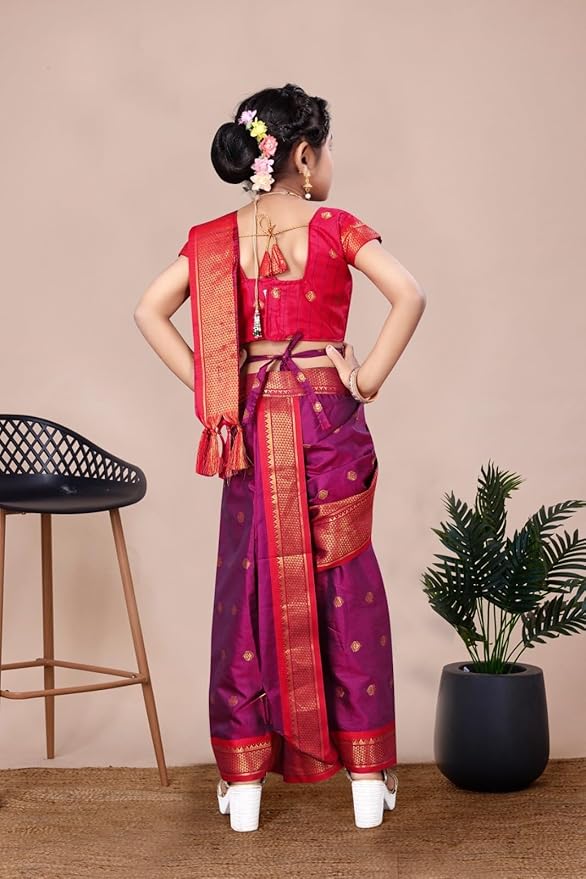 Cotton Silk Saree for Girls | Ready to Wear Maharashtrian Marathi Style Nauvari Saree with Contrast Blouse Piece | Traditional 9 Yards Ethnic Wear