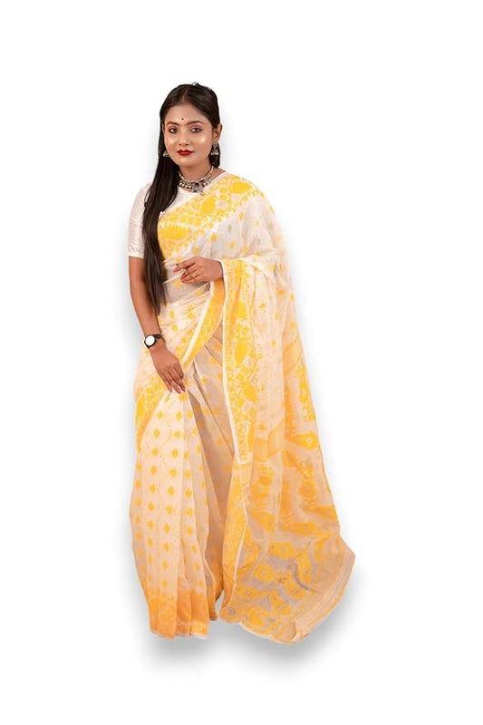 Traditional Dhakai Jamdani Couple Set – Cotton Saree Without Blouse & Men’s Kurta (Yellow White without Dhoti)