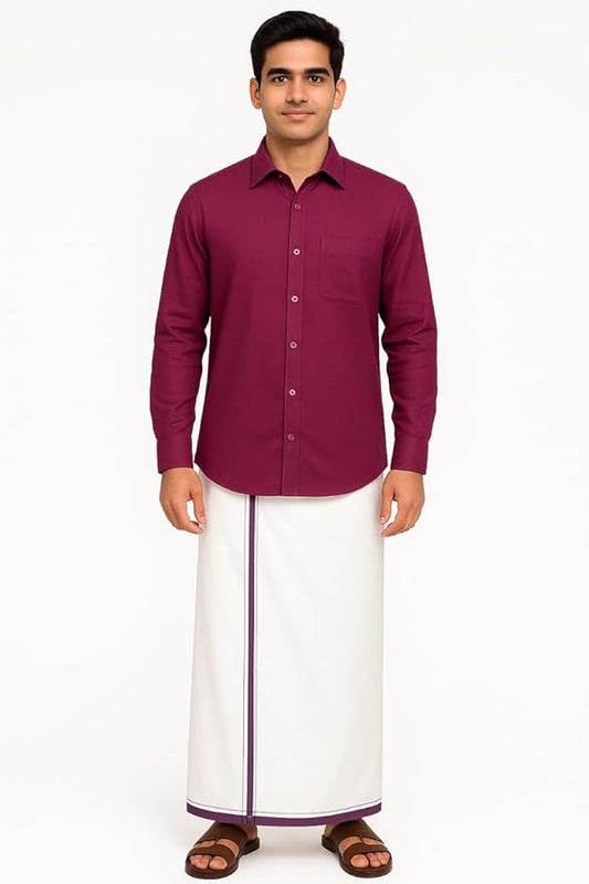 Men’s Full Sleeve Shirt & Vesti Combo Set with Matching Deep Purple Georgette Saree | Pure Cotton Shirt & Dhoti | Traditional Wedding & Festive