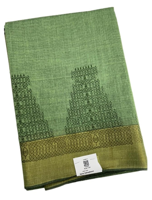 Silk Cotton Temple Printed Saree with Kolam Design | Traditional Ethnic Wear with Blouse