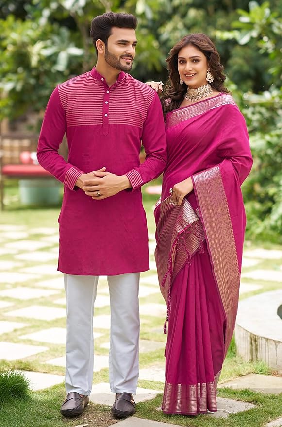 Couple Dress Set Silk Saree & Kurta Pajama