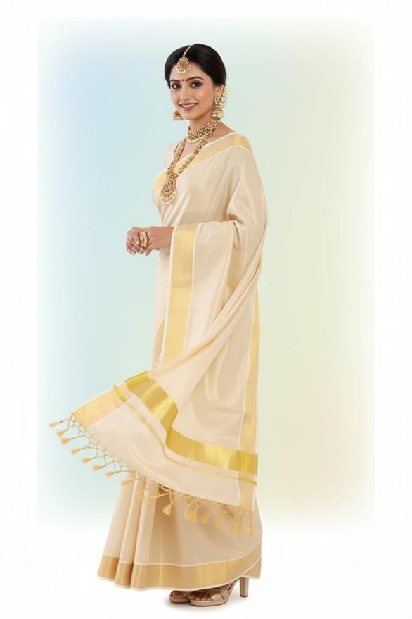 Women's Kerala Kasavu Tissue Saree and Men's Regular Fit Stitched Half Sleeve Tissue Shirt - Dhoti 2m Combo Set | Couple Stitched Dhoti - Shirt and Saree Combo Set
