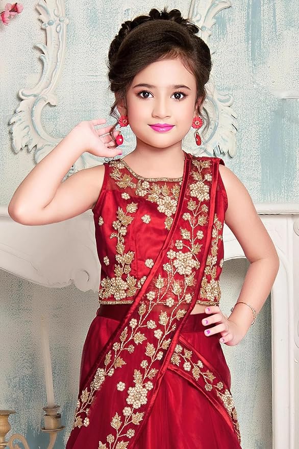 Girls Polyester Blend New Stone And Embroidery Work Half Saree Styled Kids Readymade Lehenga Choli