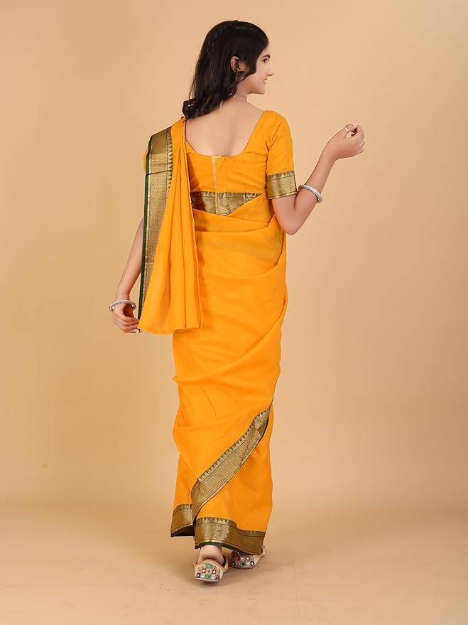 Light Yellow Jacquard Fabric Green Border Ready To Wear Kids Saree With Drape Style And Unstitched Blouse Piece