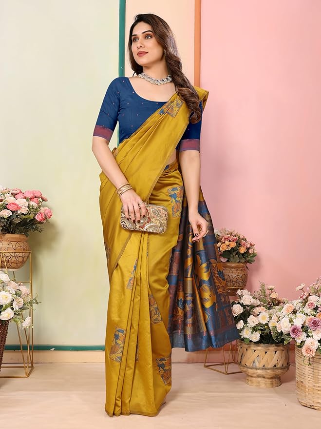 Women's Kanjivaram Banarasi Soft Silk Saree With Unstitched Blouse Piece (Silk Box Flower)