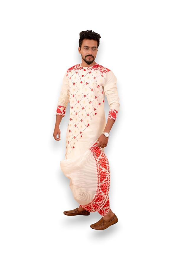 Traditional Dhakai Jamdani Couple Set – Cotton Saree Without Blouse & Men’s Kurta (Red White without Dhoti)