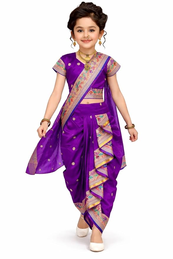Ready to wear Traditional Turquoise Kids Nauvari Saree, Ethnic Indian Marathi Wear with Decorative Border