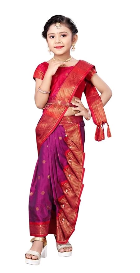Cotton Silk Saree for Girls | Ready to Wear Maharashtrian Marathi Style Nauvari Saree with Contrast Blouse Piece | Traditional 9 Yards Ethnic Wear