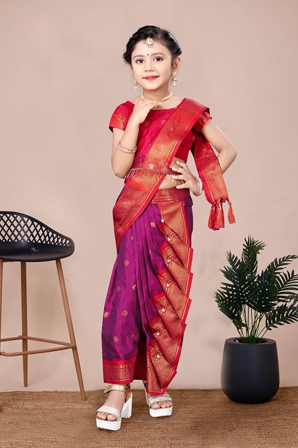 Cotton Silk Saree for Girls | Ready to Wear Maharashtrian Marathi Style Nauvari Saree with Contrast Blouse Piece | Traditional 9 Yards Ethnic Wear