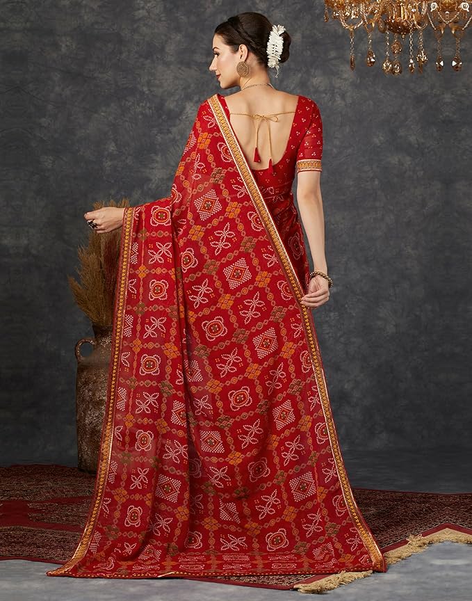 Women's Georgette Bandhani Printed Saree With Unstitched Blouse Piece