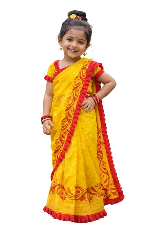 Exclusive Saraswati Pujo Special Jamdani Ruffel Embroidery Kids without blouse Saree For 1-4 Years Olds