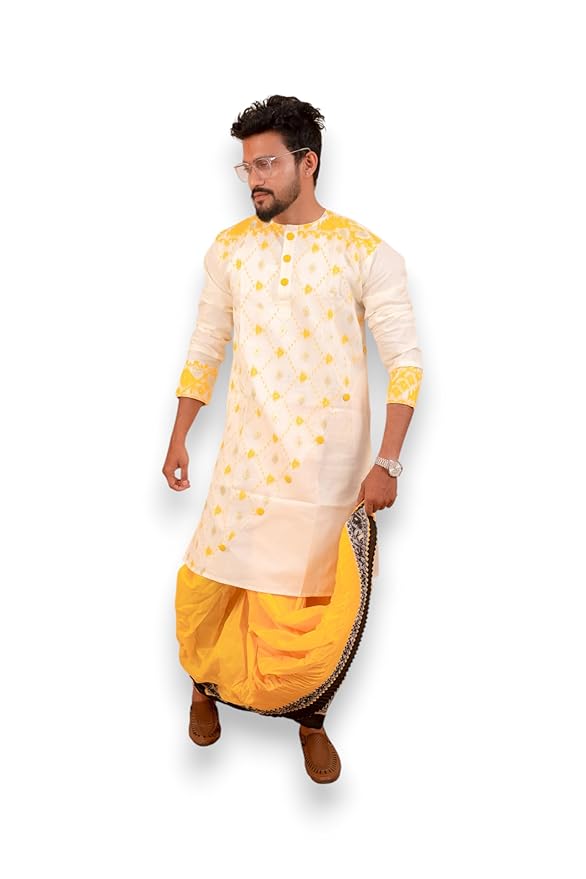 Traditional Dhakai Jamdani Couple Set – Cotton Saree Without Blouse & Men’s Kurta (Yellow White without Dhoti)