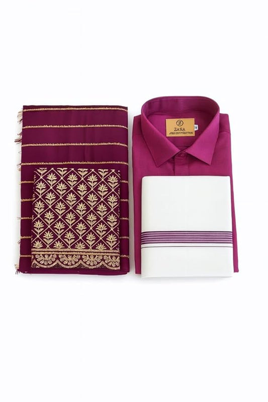 Men’s Full Sleeve Shirt & Vesti Combo Set with Matching Deep Purple Georgette Saree | Pure Cotton Shirt & Dhoti | Traditional Wedding & Festive