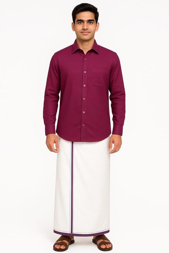 Men’s Full Sleeve Shirt & Vesti Combo Set with Matching Deep Purple Georgette Saree | Pure Cotton Shirt & Dhoti | Traditional Wedding & Festive