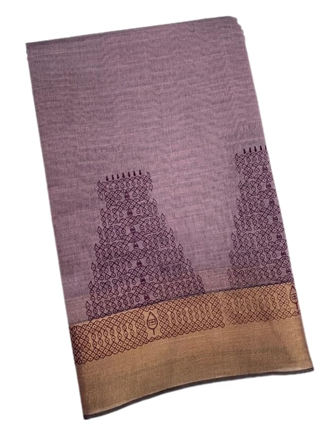 Silk Cotton Temple Printed Saree with Kolam Design | Traditional Ethnic Wear with Blouse