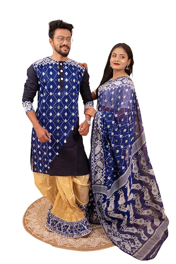 Traditional Dhakai Jamdani Couple Set – Cotton Saree Without Blouse & Men’s Kurta (Navy Blue without Dhoti)