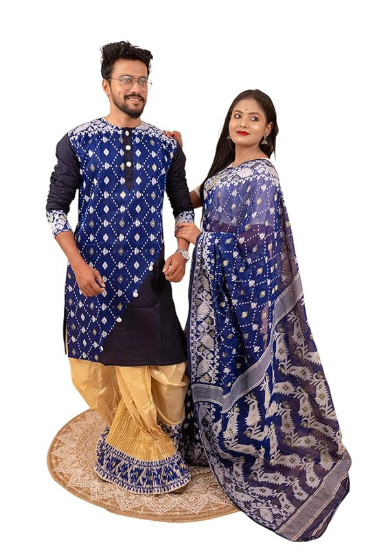Traditional Dhakai Jamdani Couple Set – Cotton Saree Without Blouse & Men’s Kurta (Navy Blue without Dhoti)