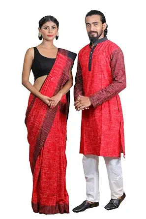 Couple Set Women and Men Handloom Pure Cotton Matching Combo Couple Dress Saree and Kurta.