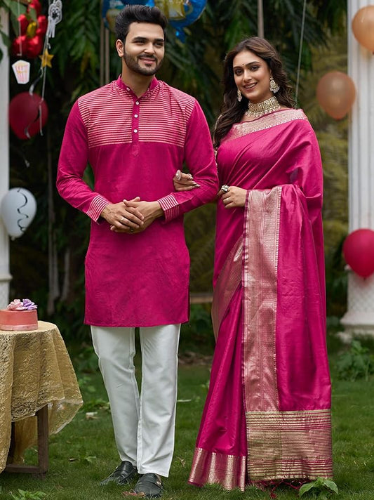Couple Dress Set Silk Saree & Kurta Pajama