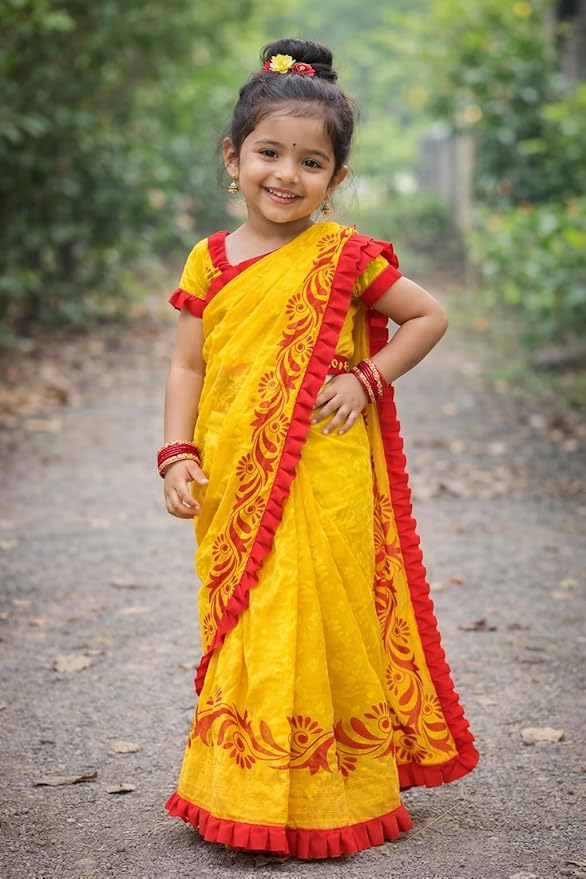 Exclusive Saraswati Pujo Special Jamdani Ruffel Embroidery Kids without blouse Saree For 1-4 Years Olds