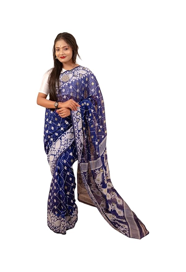 Traditional Dhakai Jamdani Couple Set – Cotton Saree Without Blouse & Men’s Kurta (Navy Blue without Dhoti)