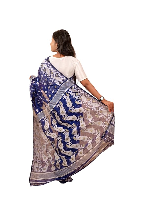 Traditional Dhakai Jamdani Couple Set – Cotton Saree Without Blouse & Men’s Kurta (Navy Blue without Dhoti)