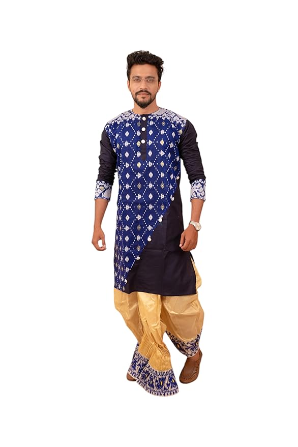 Traditional Dhakai Jamdani Couple Set – Cotton Saree Without Blouse & Men’s Kurta (Navy Blue without Dhoti)