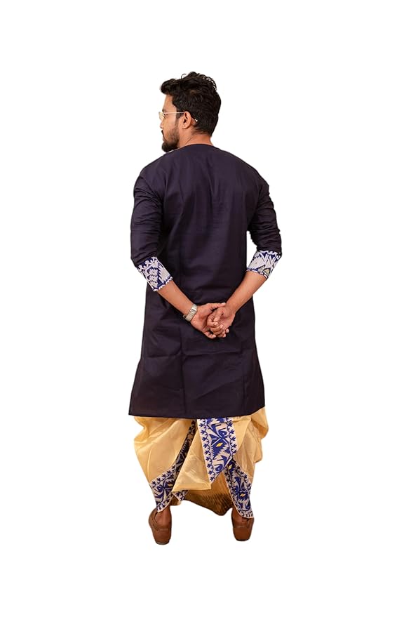 Traditional Dhakai Jamdani Couple Set – Cotton Saree Without Blouse & Men’s Kurta (Navy Blue without Dhoti)