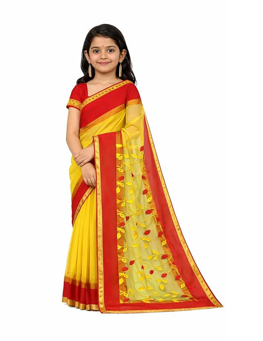 Kids Yellow Net Saree with Stitched Blouse & Petticoat (Saya) | Bengali Saree for Girls 5–6 Years | Red Border