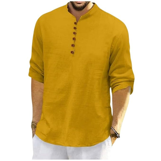 Men's Cotton Polyester Blend Solid Regular Fit Full Sleeve Short Kurta | Ethnic, Lightweight Summer Kurta for Daily & Occasion Use