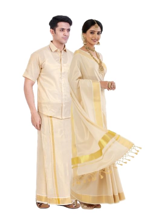 Women's Kerala Kasavu Tissue Saree and Men's Regular Fit Stitched Half Sleeve Tissue Shirt - Dhoti 2m Combo Set | Couple Stitched Dhoti - Shirt and Saree Combo Set