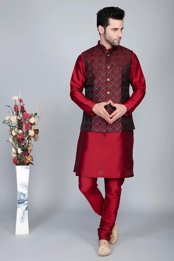 Men's Silk Blend Kurta Churidar Pyjama with Ethnic Bundi Jacket Set