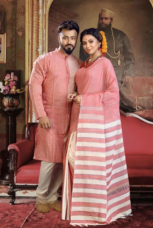 Couple Set Women's and Men's Handloom Pure Cotton Matching Combo Couple Dress Saree and Kurta