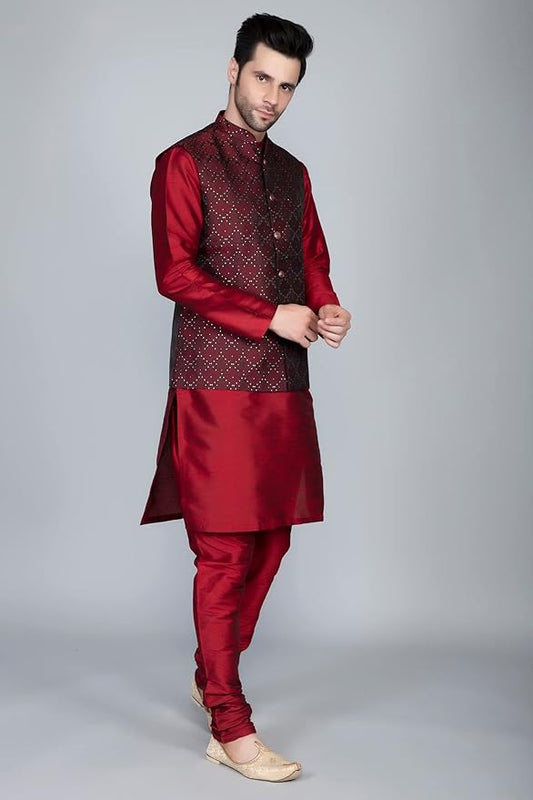 Men's Silk Blend Kurta Churidar Pyjama with Ethnic Bundi Jacket Set