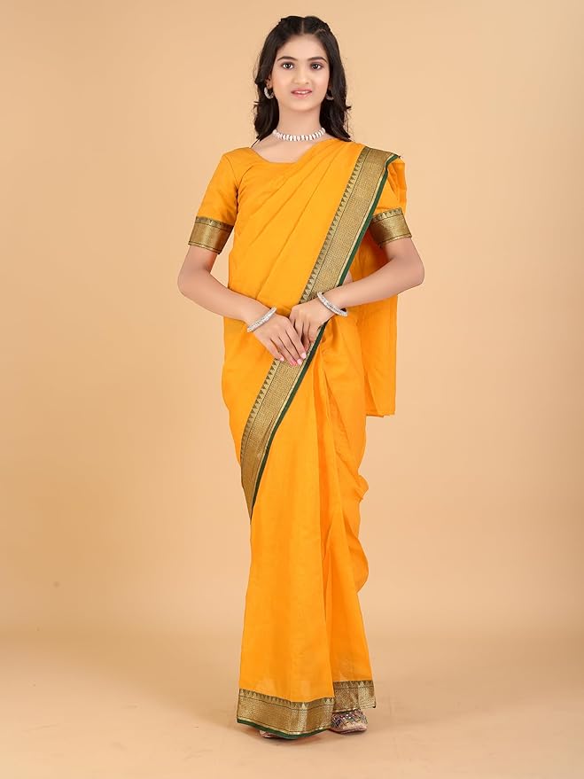 Light Yellow Jacquard Fabric Green Border Ready To Wear Kids Saree With Drape Style And Unstitched Blouse Piece