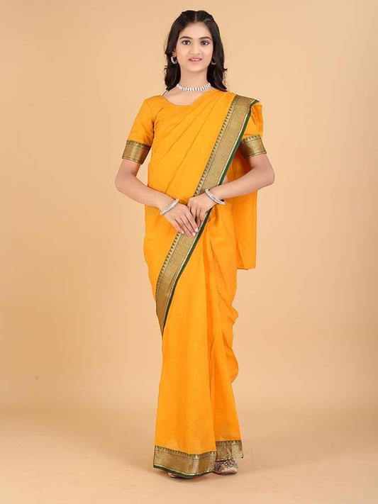 Light Yellow Jacquard Fabric Green Border Ready To Wear Kids Saree With Drape Style And Unstitched Blouse Piece