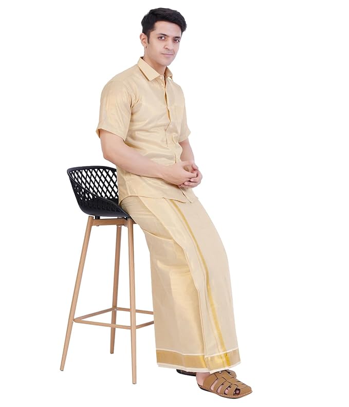 Women's Kerala Kasavu Tissue Saree and Men's Regular Fit Stitched Half Sleeve Tissue Shirt - Dhoti 2m Combo Set | Couple Stitched Dhoti - Shirt and Saree Combo Set