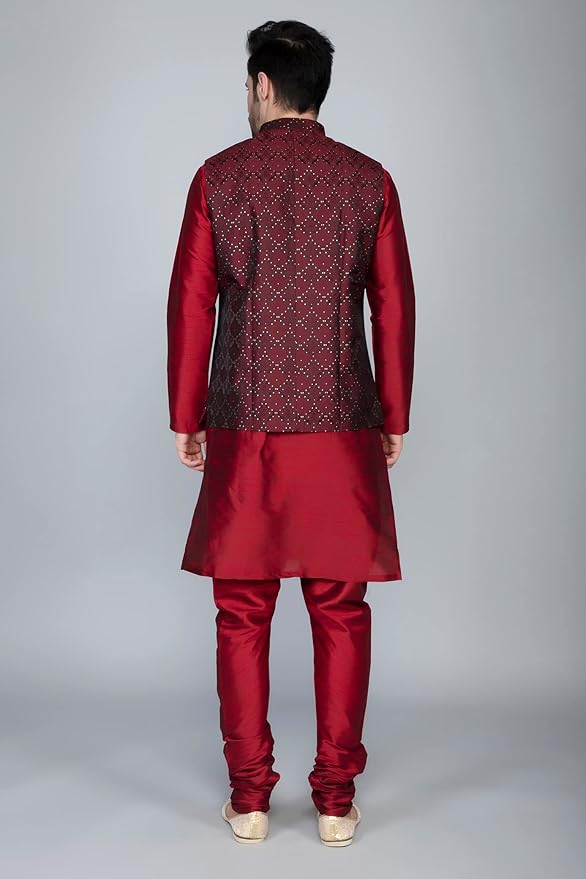 Men's Silk Blend Kurta Churidar Pyjama with Ethnic Bundi Jacket Set