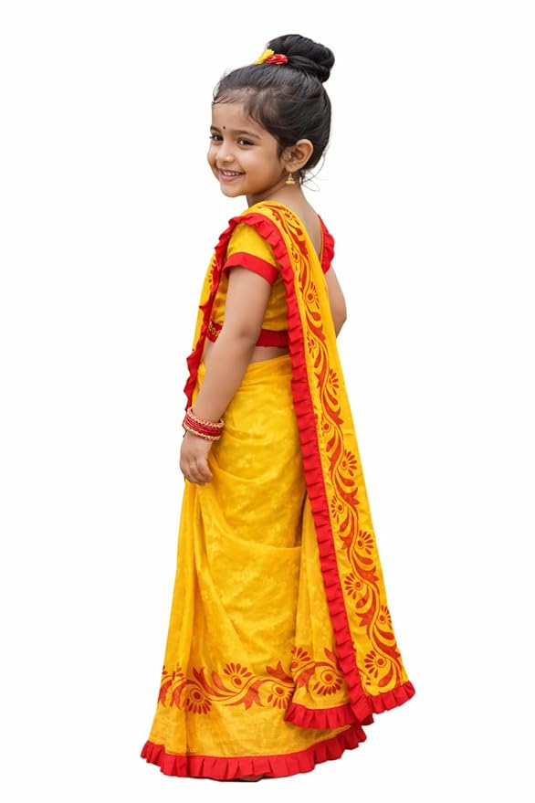 Exclusive Saraswati Pujo Special Jamdani Ruffel Embroidery Kids without blouse Saree For 1-4 Years Olds