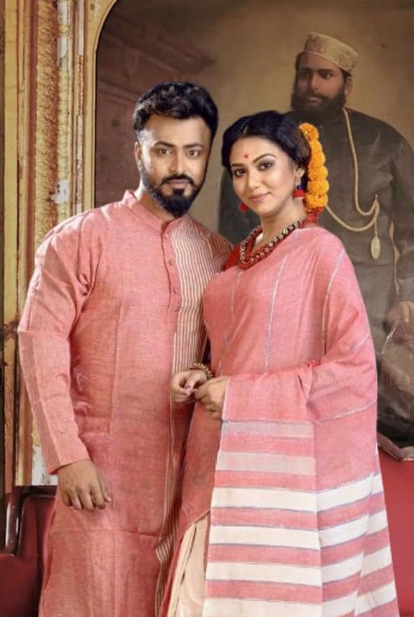 Couple Set Women's and Men's Handloom Pure Cotton Matching Combo Couple Dress Saree and Kurta