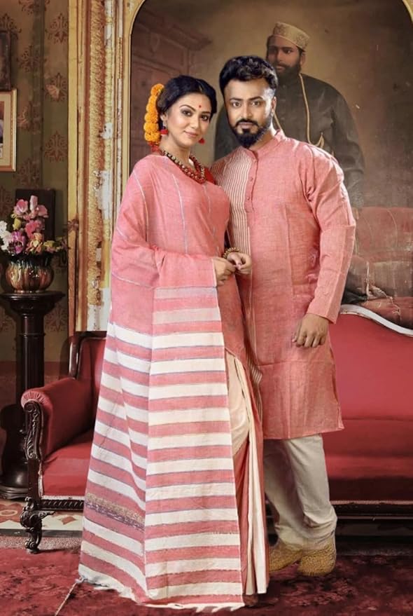 Couple Set Women's and Men's Handloom Pure Cotton Matching Combo Couple Dress Saree and Kurta