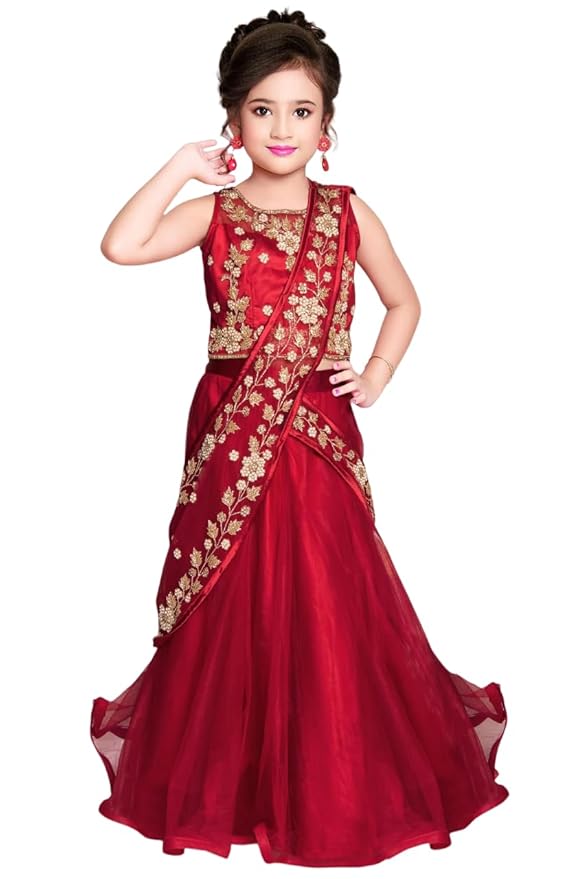 Girls Polyester Blend New Stone And Embroidery Work Half Saree Styled Kids Readymade Lehenga Choli