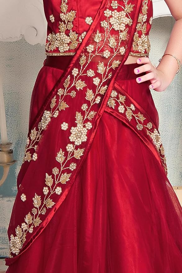 Girls Polyester Blend New Stone And Embroidery Work Half Saree Styled Kids Readymade Lehenga Choli