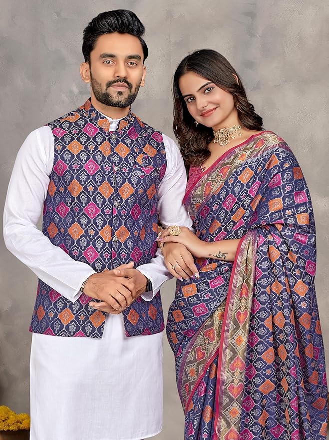 Men’s Kurta with Koti & Women’s Matching Saree Combo