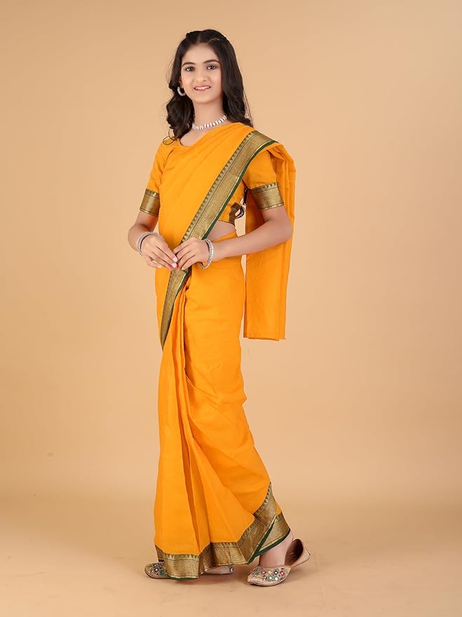 Light Yellow Jacquard Fabric Green Border Ready To Wear Kids Saree With Drape Style And Unstitched Blouse Piece