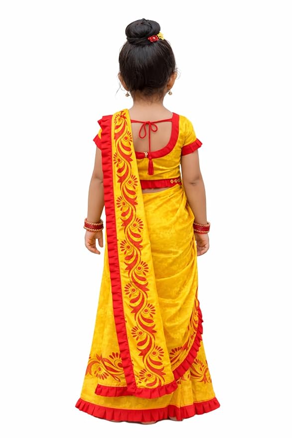 Exclusive Saraswati Pujo Special Jamdani Ruffel Embroidery Kids without blouse Saree For 1-4 Years Olds