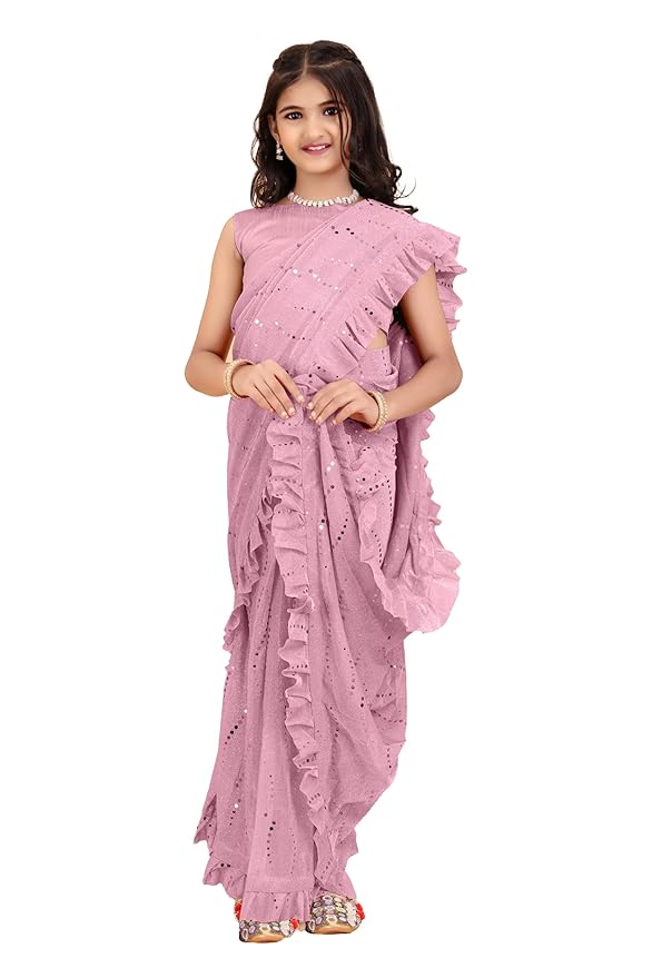 Women Silk Kids Supernet Embellished Ready to Wear Saree With Unstitched Blouse Piece- Pink