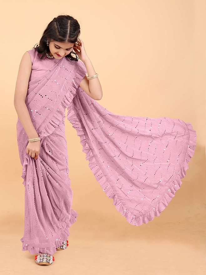 Women Silk Kids Supernet Embellished Ready to Wear Saree With Unstitched Blouse Piece- Pink