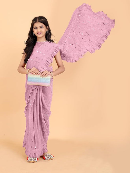 Women Silk Kids Supernet Embellished Ready to Wear Saree With Unstitched Blouse Piece- Pink