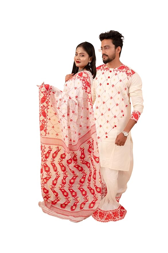 Traditional Dhakai Jamdani Couple Set – Cotton Saree Without Blouse & Men’s Kurta (Red White without Dhoti)